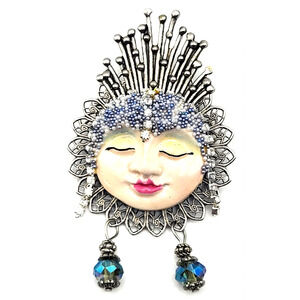 Handcrafted Artisan Indian Goddess Pendant Pin Silvertone White & Blue Beads 3"